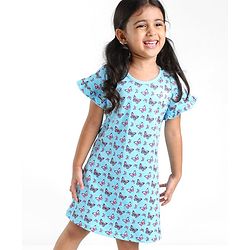 Babyhug Cotton Knit Half Sleeves Nighty With Butterfly Print - Blue