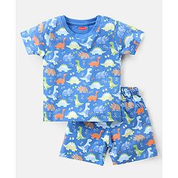 Babyhug Cotton Knit Half Sleeves Dino Printed Night Suit - Blue