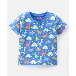 Babyhug Cotton Knit Half Sleeves Dino Printed Night Suit - Blue