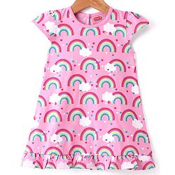 Babyhug Cotton Knit Half Sleeves Nighty With Rainbow Print - Pink
