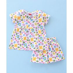 Babyhug Cotton Knit Terry Half Sleeves Night Suit With Floral Print - White
