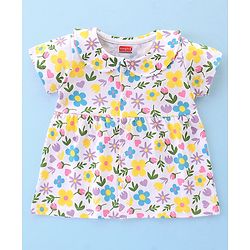 Babyhug Cotton Knit Terry Half Sleeves Night Suit With Floral Print - White