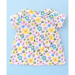 Babyhug Cotton Knit Terry Half Sleeves Night Suit With Floral Print - White