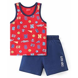 Babyhug 100% Cotton Knit Sleeveless Sando & Shorts Set Number Print -Navy Blue & Red