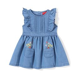 Babyhug Denim Frilled Sleeves A-Line Frock with Floral Embroidery - Blue