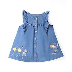 Babyhug Denim Knit Sleeveless Frock Floral Embroidery - Blue