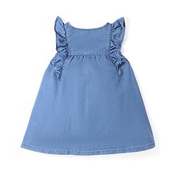 Babyhug Denim Knit Sleeveless Frock Floral Embroidery - Blue