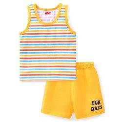 Babyhug 100% Cotton  Sleeveless Sando & Shorts Set Striped & Text Print - Yellow