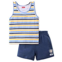 Babyhug 100% Cotton Sleeveless Striped Sando & Solid Shorts Set - Navy Blue