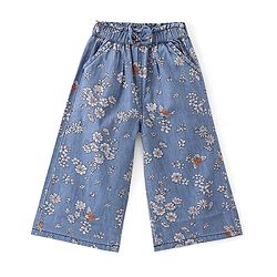 Babyhug 100% Cotton Denim Full Length Palazzo With Floral Print- Blue