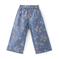 Babyhug 100% Cotton Denim Full Length Palazzo With Floral Print- Blue