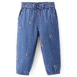 Babyhug 100% Cotton Denim Full Length Floral Embroidery Jogger - Blue