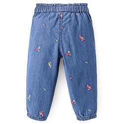 Babyhug 100% Cotton Denim Full Length Floral Embroidery Jogger - Blue