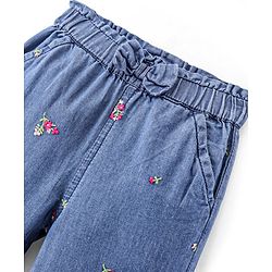 Babyhug 100% Cotton Denim Full Length Floral Embroidery Jogger - Blue