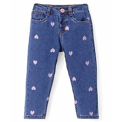 Babyhug Denim Full Length with Stretch Jeans Heart Embroidery - Blue