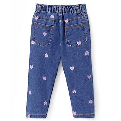 Babyhug Denim Full Length with Stretch Jeans Heart Embroidery - Blue