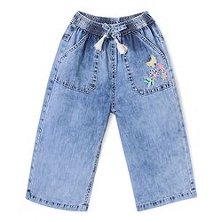 Babyhug Cotton Denim Ankle Length Floral & Butterfly Embroidered Culottes - Blue
