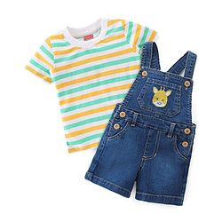 Babyhug Single Jersey Woven Dungaree & Striped Half Sleeves T-Shirt - Multicolour