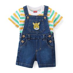 Babyhug Single Jersey Woven Dungaree & Striped Half Sleeves T-Shirt - Multicolour