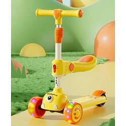 Babyhug Leo 3 Wheel Kids Kick Scooter with Foldable Seat with LED Wheels & Wide Deck with 3 Level Adjustable Handlebar - Yellow| Lean-to-Steer| Toy for 3 to 12 year Boys and Girls| Gifting Option