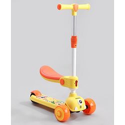 Babyhug Leo 2 in 1 Kids Kick Scooter with Foldable Seat with LED Wheels & Wide Standing Deck with 3 Level Adjustable Handlebar - Yellow