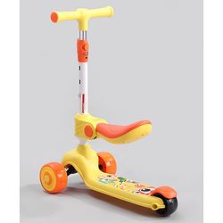 Babyhug Leo 2 in 1 Kids Kick Scooter with Foldable Seat with LED Wheels & Wide Standing Deck with 3 Level Adjustable Handlebar - Yellow