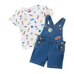 Babyhug Single Jersey Woven Dungaree & Half Sleeves T-Shirt Skate Print - White & Blue