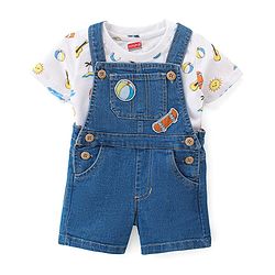 Babyhug Single Jersey Woven Dungaree & Half Sleeves T-Shirt Skate Print - White & Blue