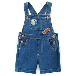 Babyhug Single Jersey Woven Dungaree & Half Sleeves T-Shirt Skate Print - White & Blue