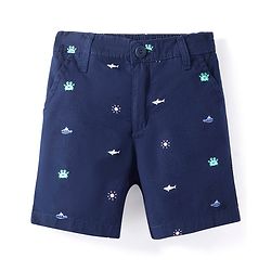 Babyhug Cotton Woven Mid Thigh Length Shorts With Sea Life Print - Navy Blue