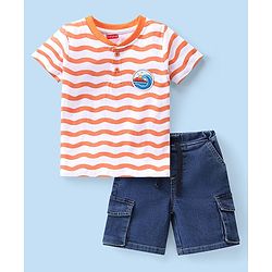 Babyhug Cotton Knit Half Sleeves T-Shirt & Shorts Set with Wavy  Print & Patch - Orange & Blue