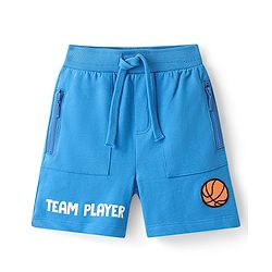 Babyhug Cotton Looper Knit Shorts with Basketball Patch & Text Print - Blue