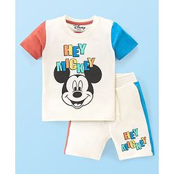 Babyhug Disney Single Jersey Knit Half Sleeves T-Shirt And Shorts Set With Mickey Mouse Graphics - Off White