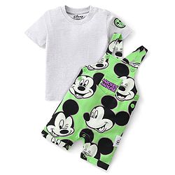 Babyhug Disney Cotton Knit Dungaree With Half Sleeves T- Shirt And Mickey Mouse Print - Green