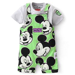 Babyhug Disney Cotton Knit Dungaree With Half Sleeves T- Shirt And Mickey Mouse Print - Green