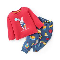 Babyhug Single Jersey Knit Full Sleeves Night Suit Bunny Print - Red & Navy Blue