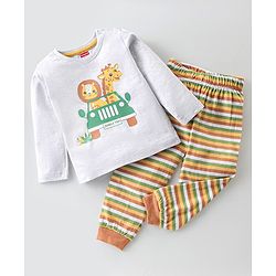 Babyhug Single Jersey Full Sleeves Night Suit Jungle Animals Print - White