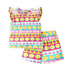 Babyhug Cotton Knit Single Jersey Frill Sleeves Night Suit With Fruits Theme Print - Multicolour