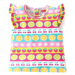 Babyhug Cotton Knit Single Jersey Frill Sleeves Night Suit With Fruits Theme Print - Multicolour