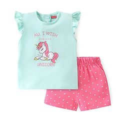 Babyhug Cotton Knit Single Jersey Frill Sleeves Night Suit With Unicorn Print - Blue & Pink
