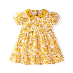 Babyhug Rayon Woven Half Sleeves Floral Printed & Peter Pan Collared Neck Frock  - Yellow