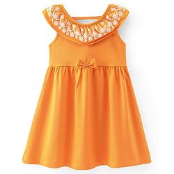 Babyhug 100% Cotton Knit Sleeveless Frock with Floral Embroidery & Bow Applique - Orange