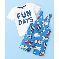 Babyhug Single Jersey Cotton Knit Dungaree with Half Sleeves Inner Tee Airplane Print - White & Blue