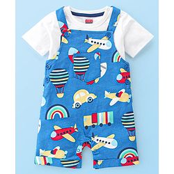 Babyhug Single Jersey Cotton Knit Dungaree with Half Sleeves Inner Tee Airplane Print - White & Blue
