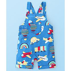 Babyhug Single Jersey Cotton Knit Dungaree with Half Sleeves Inner Tee Airplane Print - White & Blue