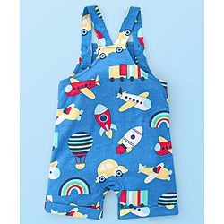 Babyhug Single Jersey Cotton Knit Dungaree with Half Sleeves Inner Tee Airplane Print - White & Blue