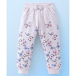 Babyhug Cotton Looper Knit Full Length Lounge Pant With Butterfly Print - Grey