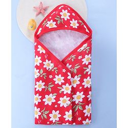 Babyhug Knit Terry Hooded Bath Towel with Floral Print L 76 X B 76 cm - Red