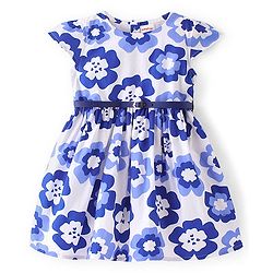 Babyhug Poplin Woven Cap Sleeves Floral Printed Frock with Belt - White
