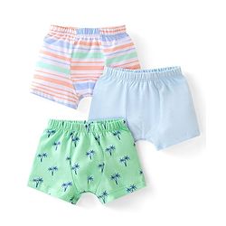Babyhug 100% Cotton Knit Trunk Stripes & Palm Tree Print Pack of 3 - Blue Green & Peach